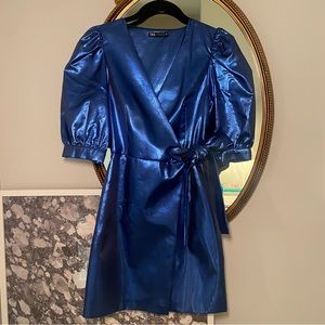 Zara metallic blue puff sleeve mini dress